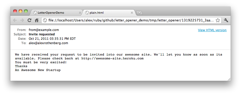 Previewing an Email with Letter Opener in Development